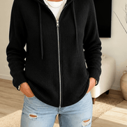 Women's Ribbed Zip-Up Hooded Knit Cardigan with Drawstring Hood