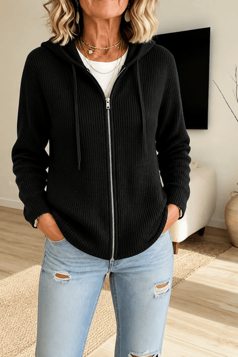 Women's Ribbed Zip-Up Hooded Knit Cardigan with Drawstring Hood