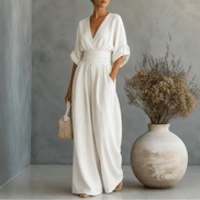 V-Neck Wide-Leg Jumpsuit with Pleated Waist Sash