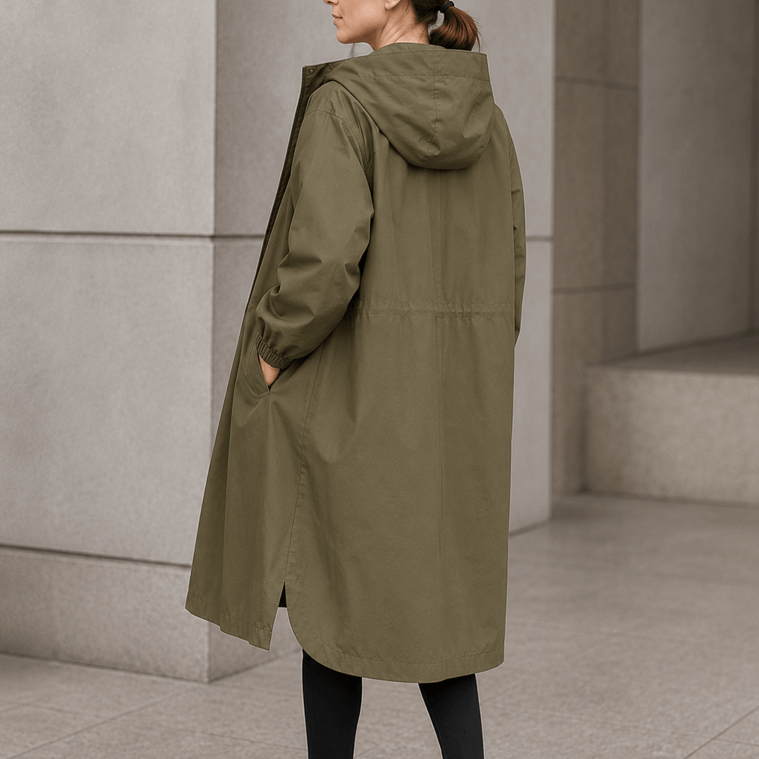 Women's Hooded Midi Coat with Drawstring Waist