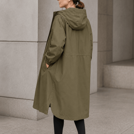 Women's Hooded Midi Coat with Drawstring Waist
