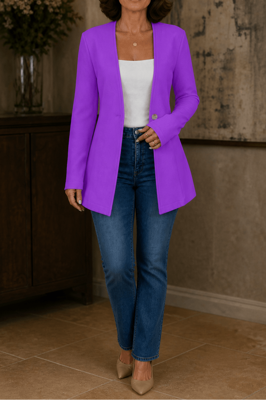 Linevalle Women's V-Neck Single-Button A-Line Tailored Blazer