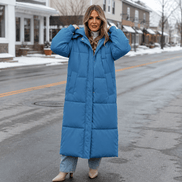 Women's Long Hooded Quilted Puffer Jacket with Side Pockets
