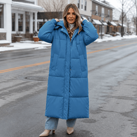 Women's Long Hooded Quilted Puffer Jacket with Side Pockets