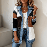 Women's Ribbed Knit Cardigan Coat with Denim Panel Trim