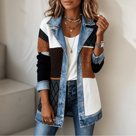 Women's Ribbed Knit Cardigan Coat with Denim Panel Trim