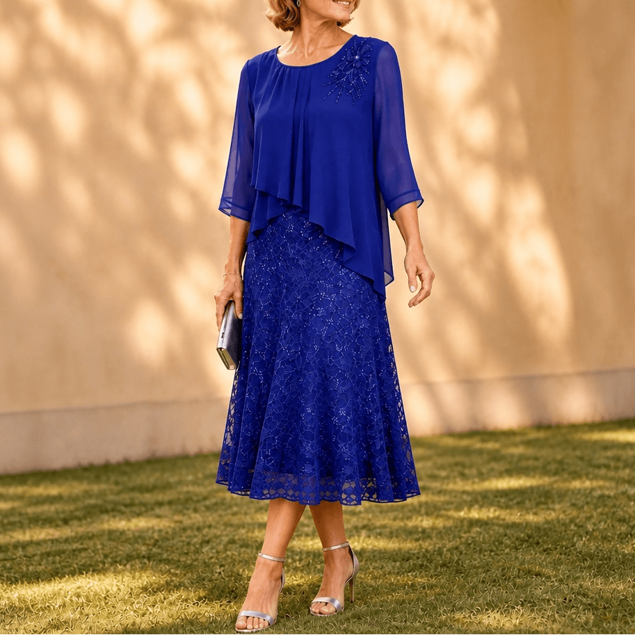 Elavine Lace Overlay Chiffon Women's Midi Dress with Sheer Sleeves