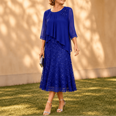 Elavine Lace Overlay Chiffon Women's Midi Dress with Sheer Sleeves
