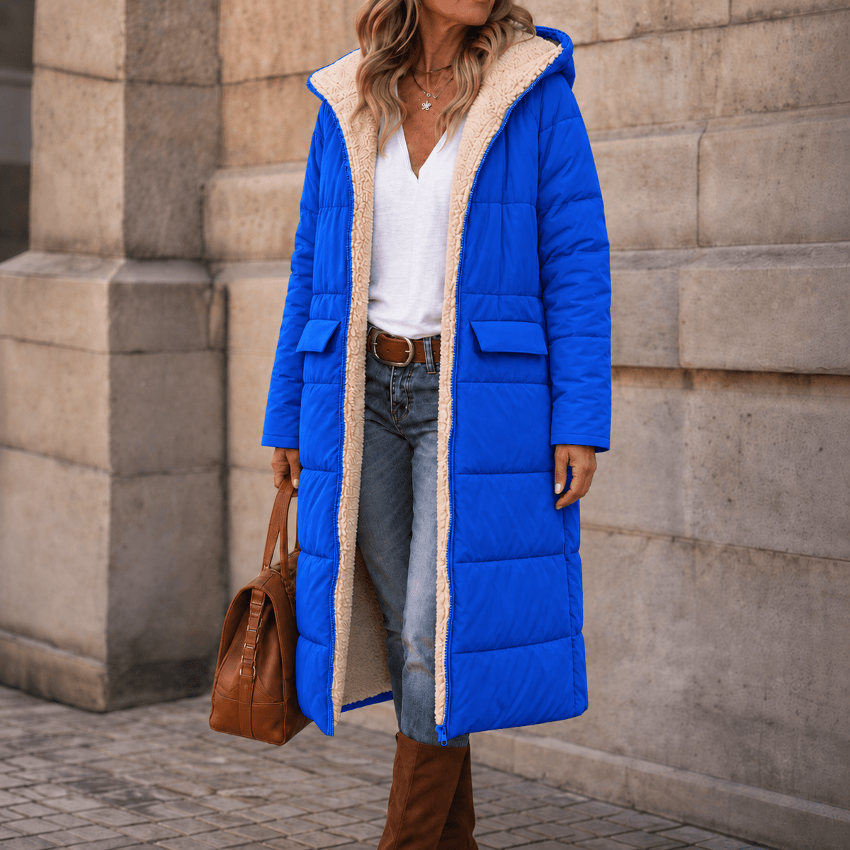 Reversa Women's Reversible Hooded Longline Winter Coat with Sherpa Lining