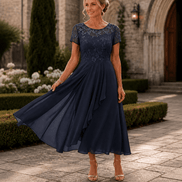 Women's Lace Bodice Chiffon Dress with Ruffled Hem