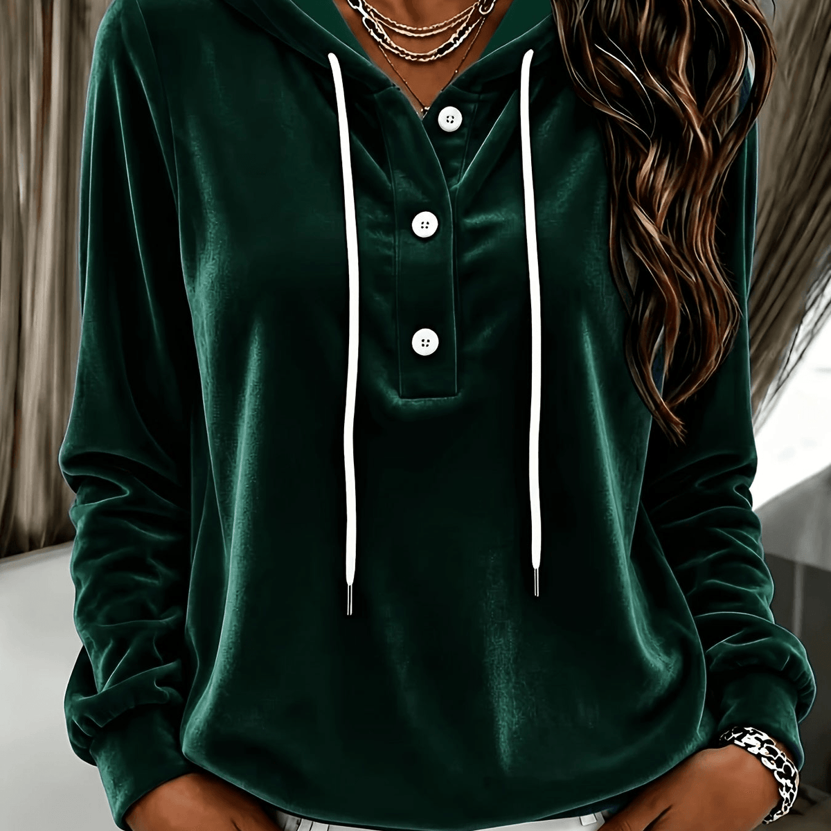 Women's Long-Sleeve Velvet Hoodie with Button Placket and Drawstring