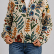 Women's Botanical Print Zip-Up Knit Bomber Cardigan