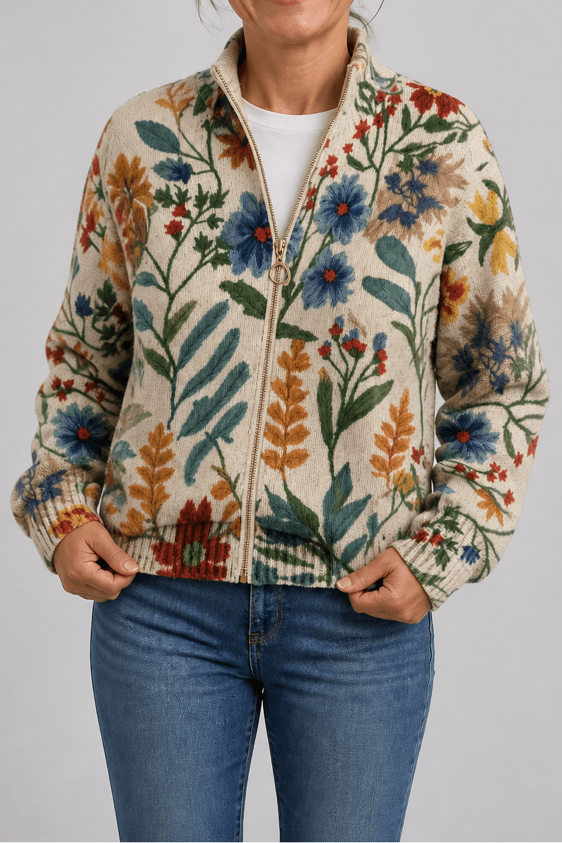 Women's Botanical Print Zip-Up Knit Bomber Cardigan
