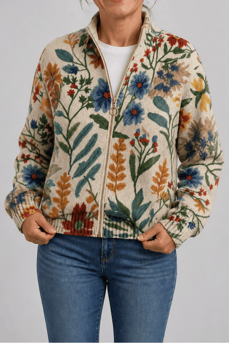 Women's Botanical Print Zip-Up Knit Bomber Cardigan