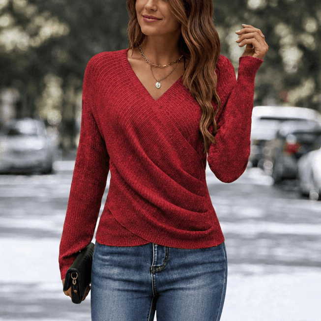 Women's Cinchable Crossover Wrap V-Neck Knitted Jumper with Side Gather