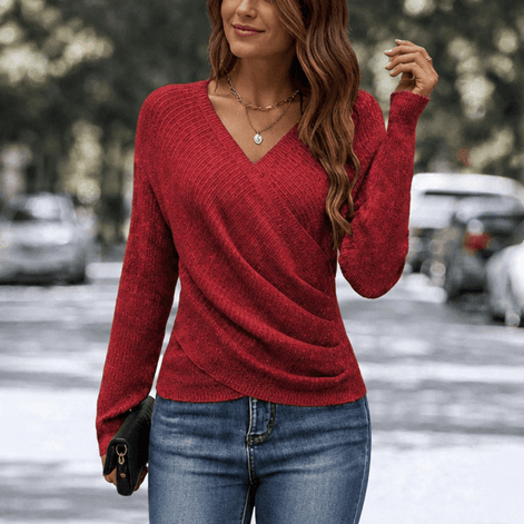 Women's Cinchable Crossover Wrap V-Neck Knitted Jumper with Side Gather