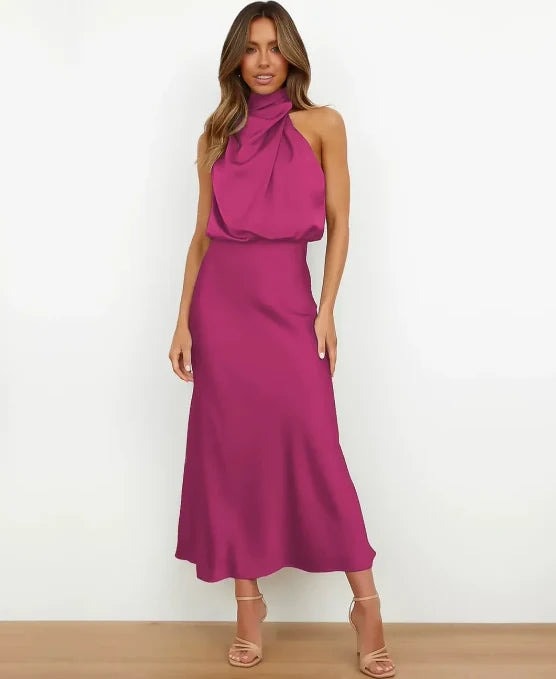 Satin Halter Neck Midi Dress for Christmas Party Occasions in Apricot