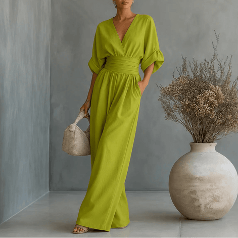 V-Neck Wide-Leg Jumpsuit with Pleated Waist Sash