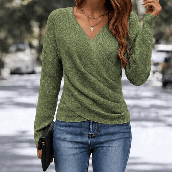 Women's Cinchable Crossover Wrap V-Neck Knitted Jumper with Side Gather