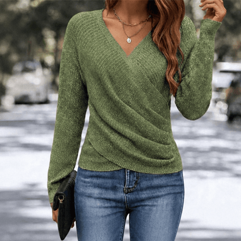Women's Cinchable Crossover Wrap V-Neck Knitted Jumper with Side Gather