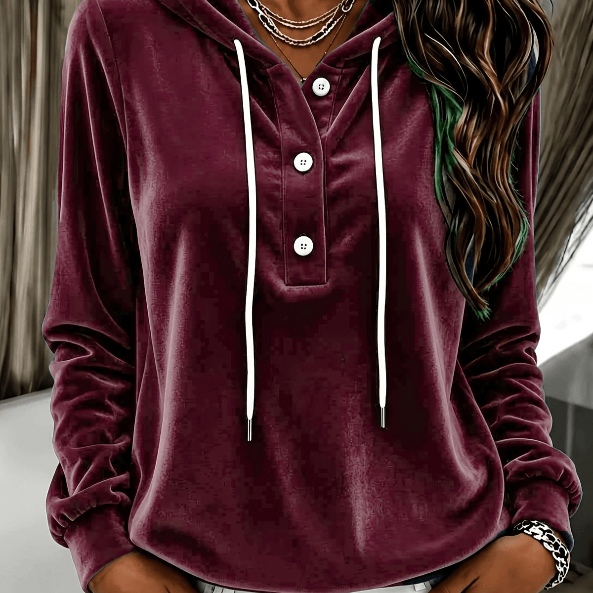 Women's Long-Sleeve Velvet Hoodie with Button Placket and Drawstring