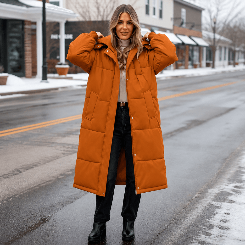 Women's Long Hooded Quilted Puffer Jacket with Side Pockets