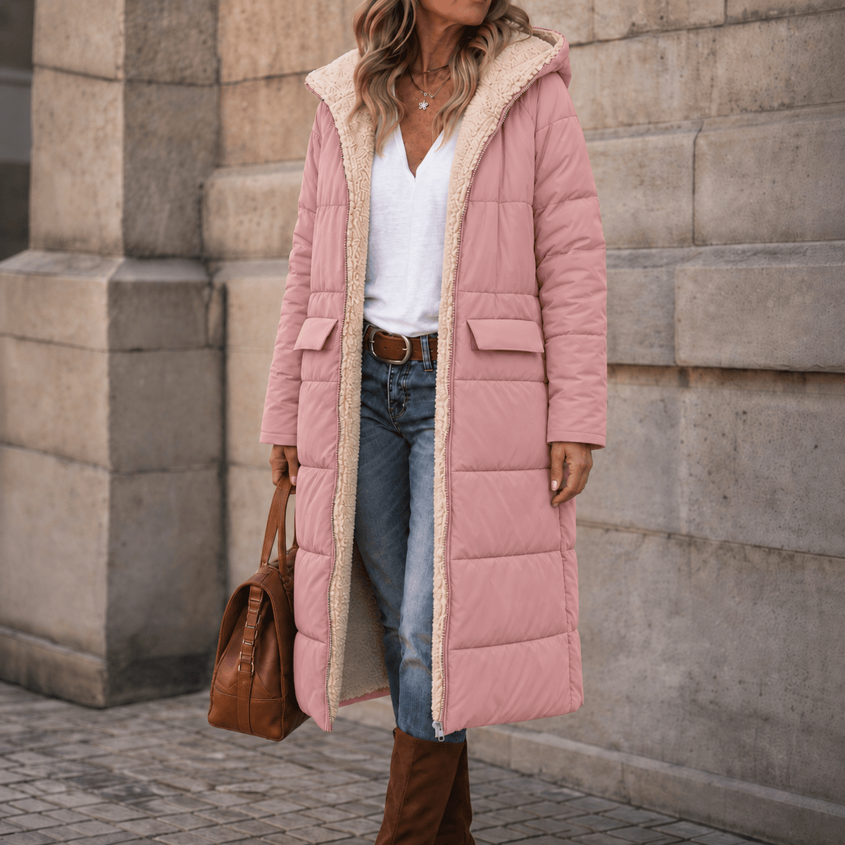 Reversa Women's Reversible Hooded Longline Winter Coat with Sherpa Lining