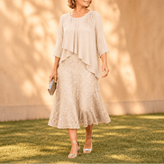 Elavine Lace Overlay Chiffon Women's Midi Dress with Sheer Sleeves