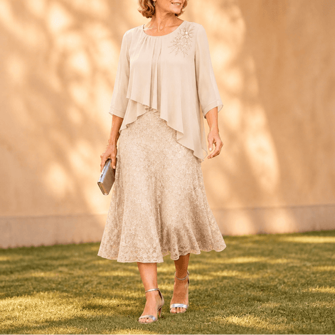 Elavine Lace Overlay Chiffon Women's Midi Dress with Sheer Sleeves