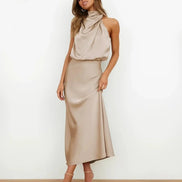 Satin Halter Neck Midi Dress for Christmas Party Occasions in Apricot