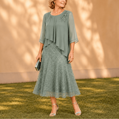 Elavine Lace Overlay Chiffon Women's Midi Dress with Sheer Sleeves