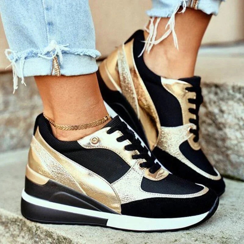 Women's Wedge Platform Cushioned Sneakers with Lace-Up Knit Upper
