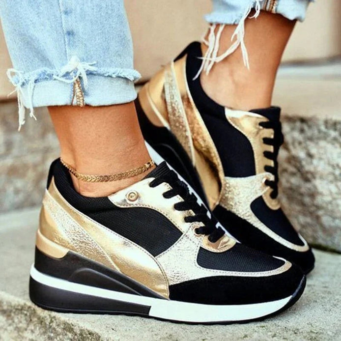 Women's Wedge Platform Cushioned Sneakers with Lace-Up Knit Upper