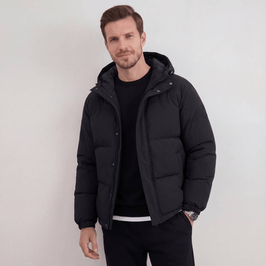 Polyester Hooded Puffer Jacket with Adjustable Hood for Men