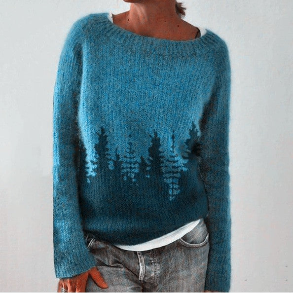 Women's Forest-Print Crew Neck Knitted Jumper