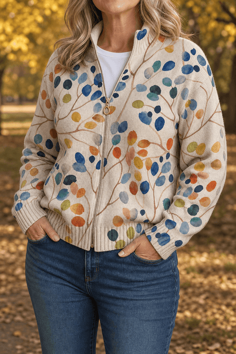 Women's Botanical Print Zip-Up Knit Bomber Cardigan
