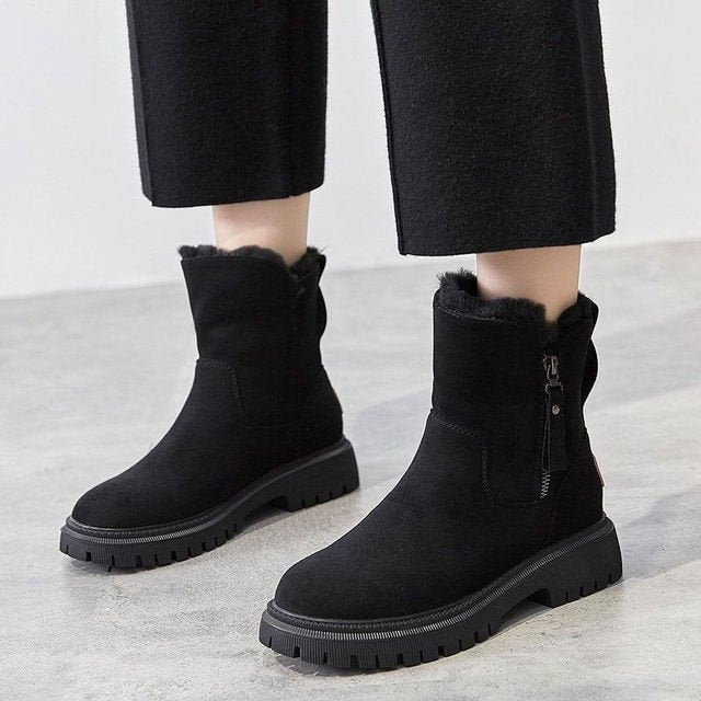 Faux Fur Lined Leather-Look Ankle Winter Boots with Zip Lug Sole