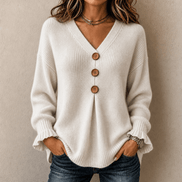 Women's Ribbed V-Neck Knitted Jumper with Button Detail