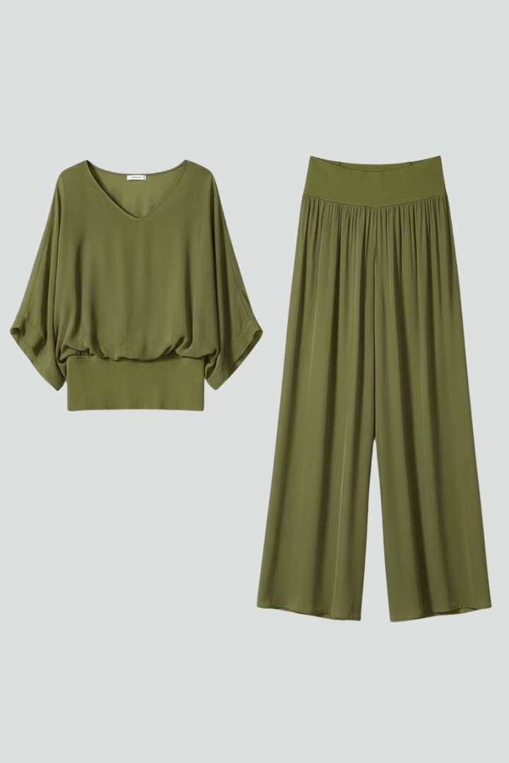 Natalie Chiffon Wide-Leg Women's Two-Piece Co-Ord Set with Draped Top
