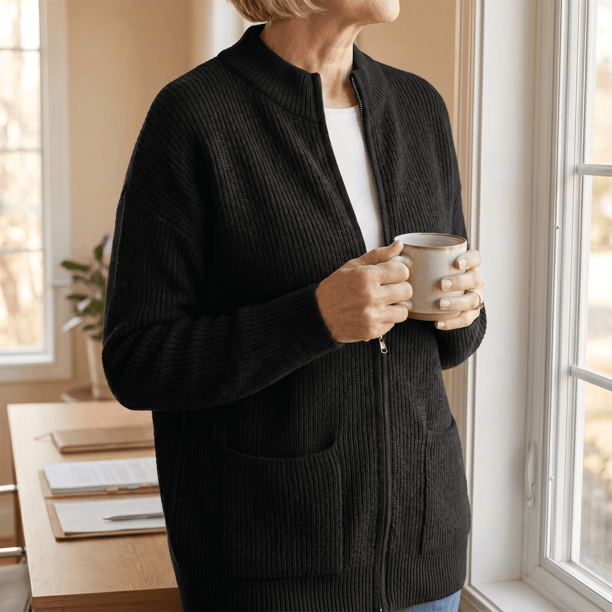 Women's Ribbed Zip-Up Knitted Cardigan with Pockets