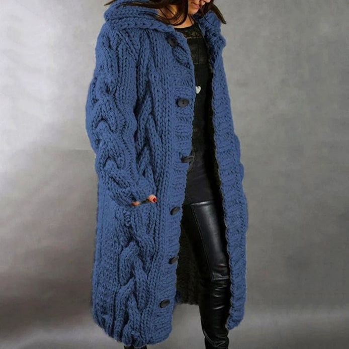 Women's Chunky Cable-Knit Hooded Cardigan with Pockets