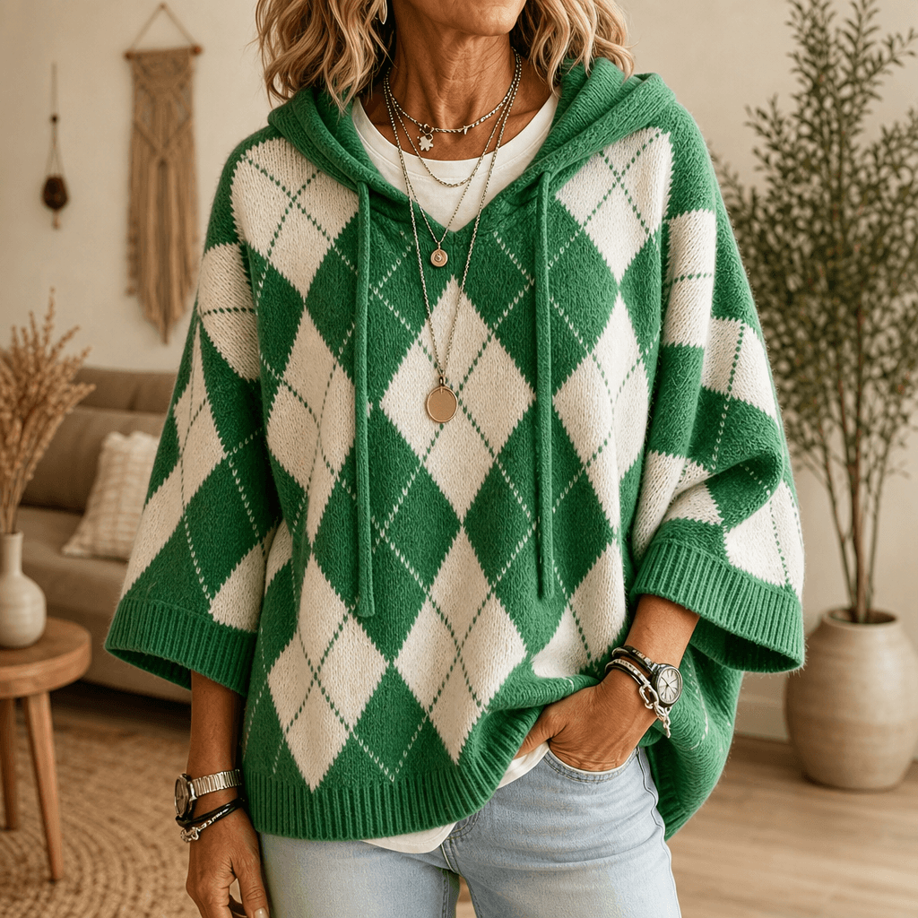 Women's Hooded Argyle Batwing Poncho Knit Jumper