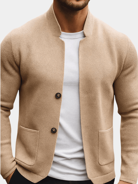 Men's Collarless Knitted Blazer Jumper with Patch Pockets