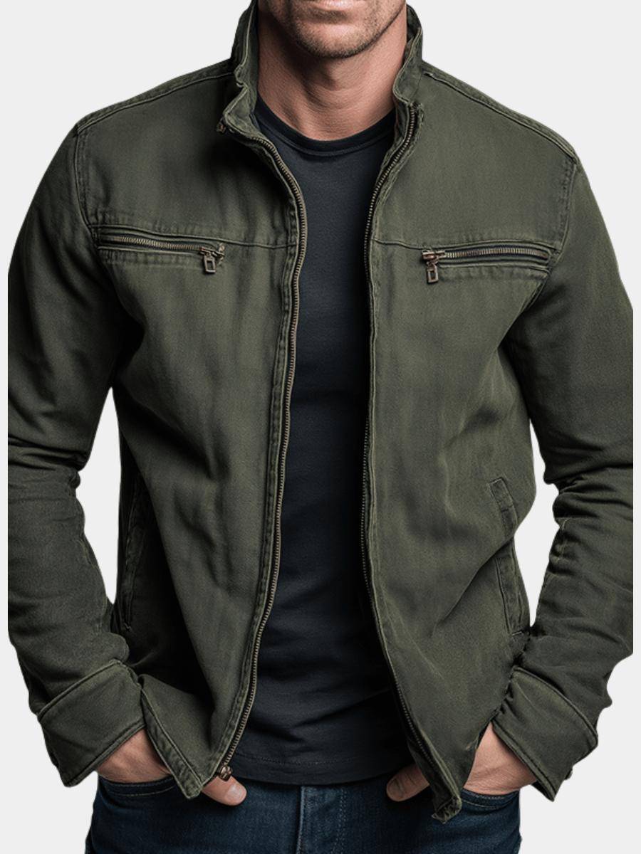 Men's Cotton Zip-Up Jacket with Stand Collar
