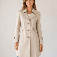 Women's Short Tailored Trench Coat with Button-Up Front and Belted Waist