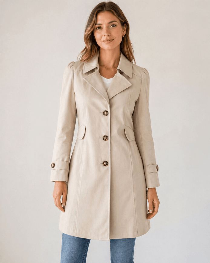 Women's Short Tailored Trench Coat with Button-Up Front and Belted Waist