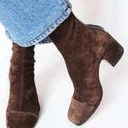 Women's Brown Suede-Style Block Heel Ankle Boots with Square Toe