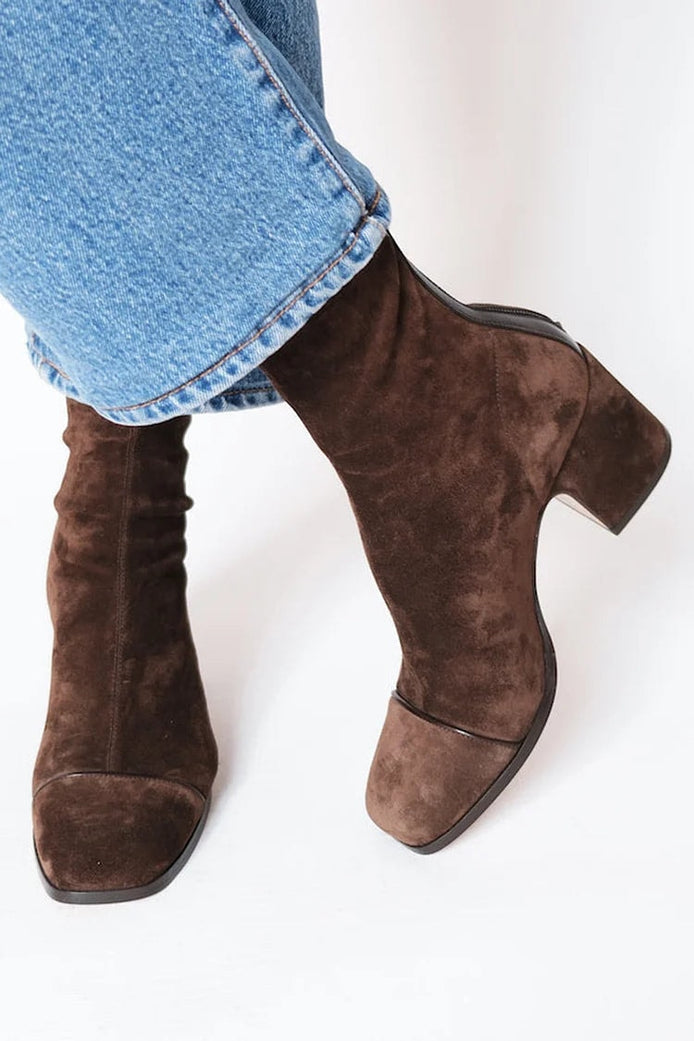 Women's Brown Suede-Style Block Heel Ankle Boots with Square Toe