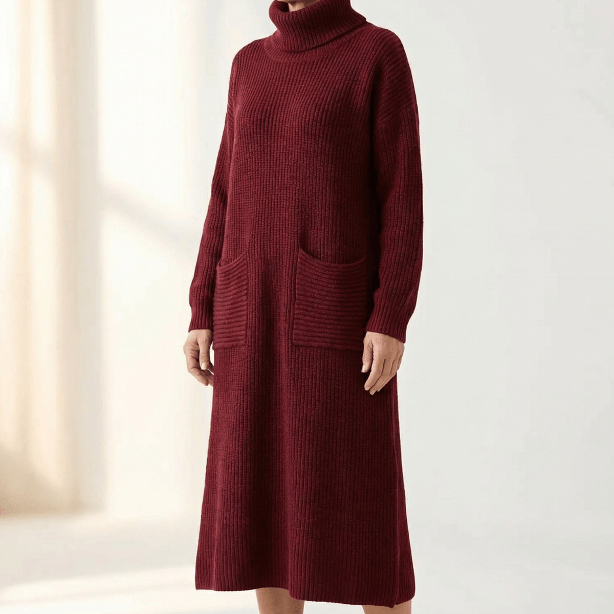 Women's Relaxed Turtleneck Knitted Jumper Dress with Pockets