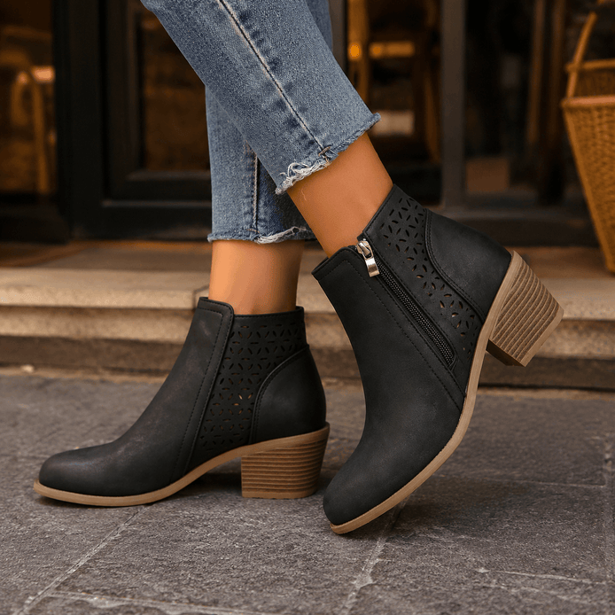 Women's Cutout Suede Ankle Boots with Block Heel